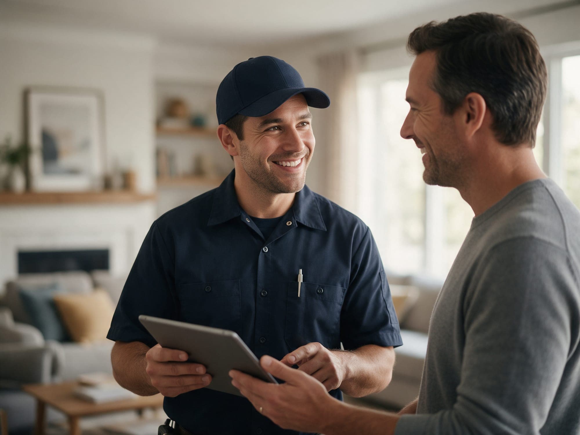 An HVAC technician talking with a homeowner in their living room