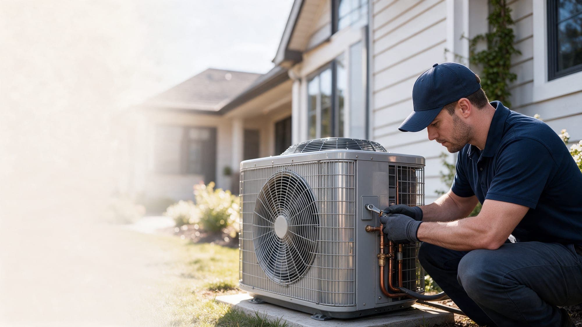 An HVAC technician servicing a residential outdoor air conditioning condenser
