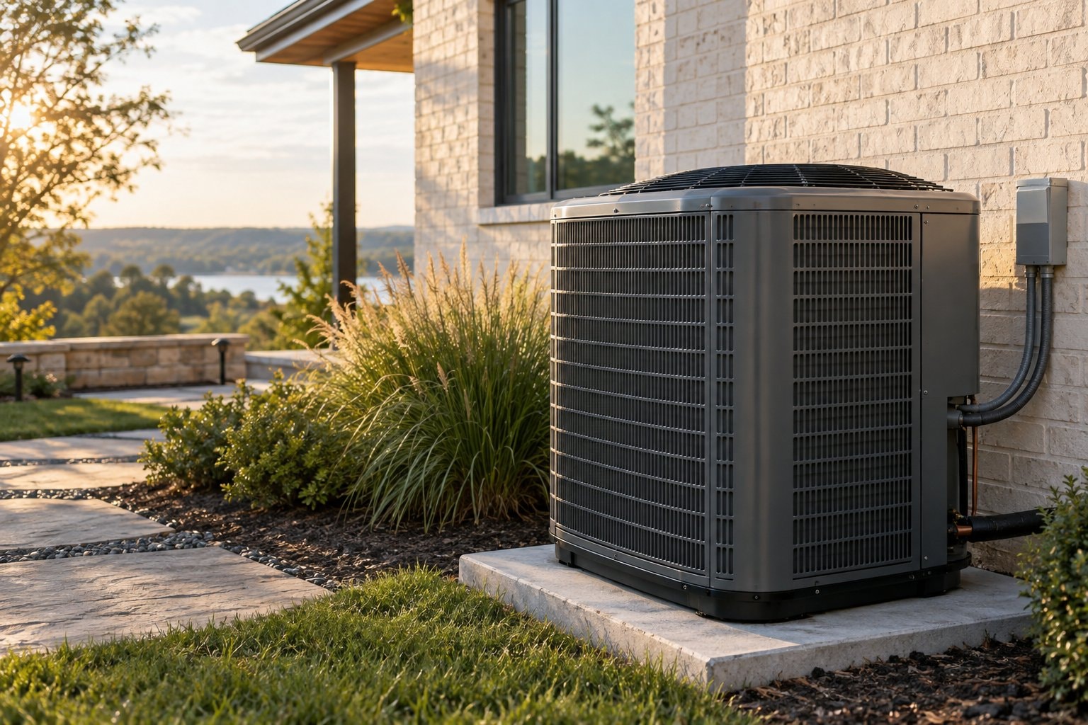 Residential outdoor air conditioning system beside a home